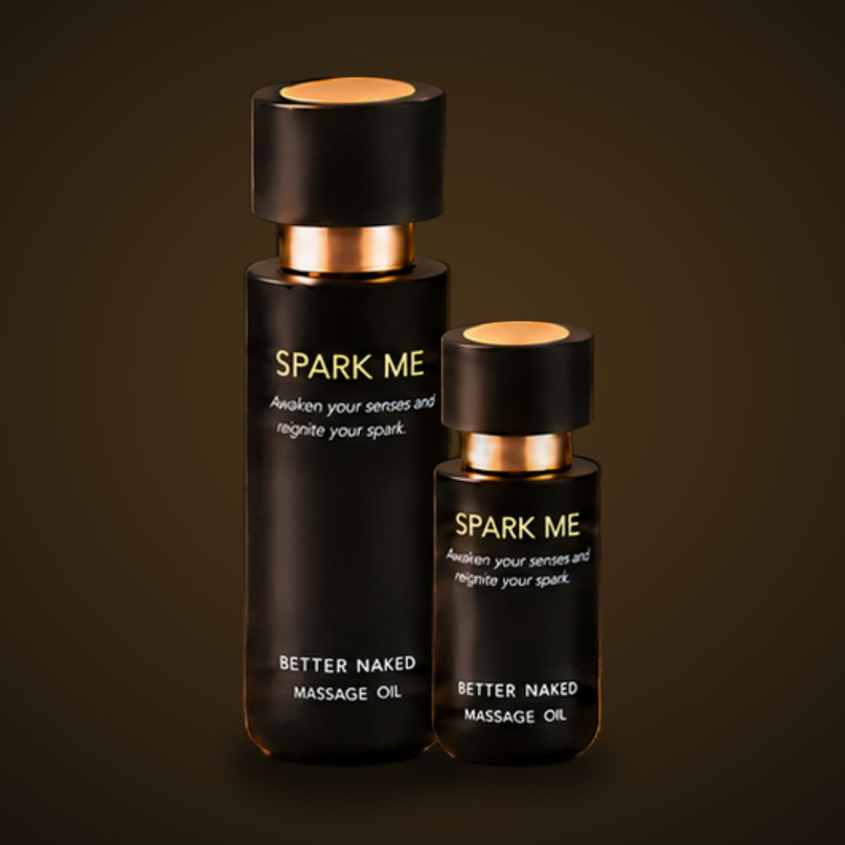 Spark Me massage oil, 120 mL and 30 mL bottles
